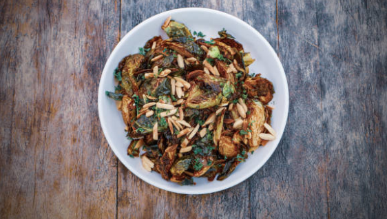 Skillet-Roasted Brussels Sprouts with Maple Syrup and Smoked Almonds